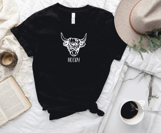 Moody Cow Tee, Highland Cow Graphic Shirt