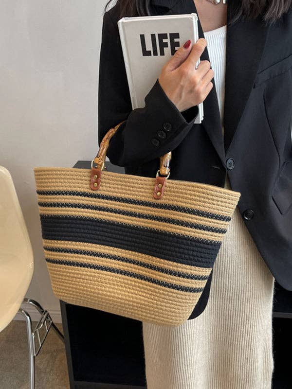 Contrast Color Split-Joint Striped Handbag