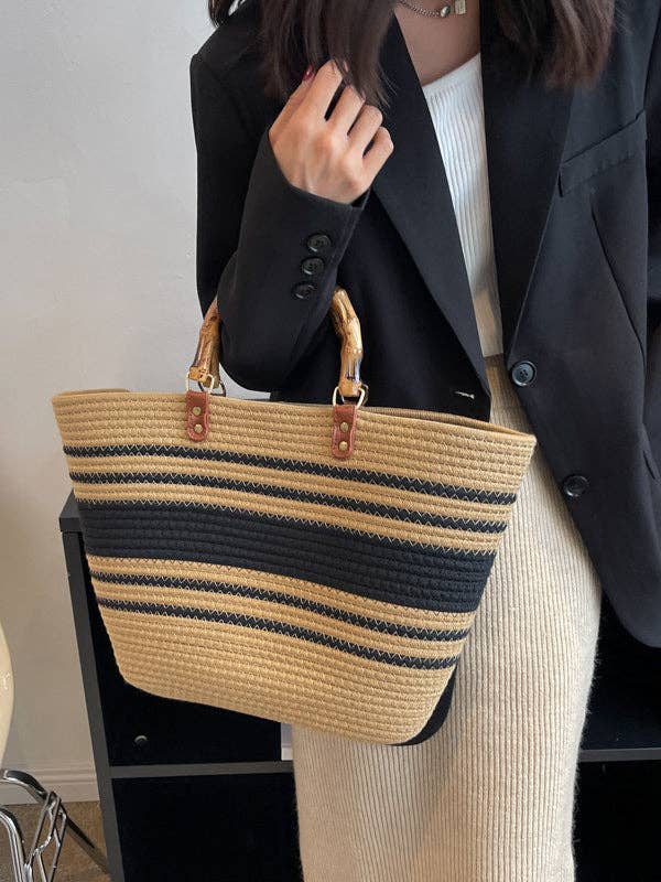 Contrast Color Split-Joint Striped Handbag