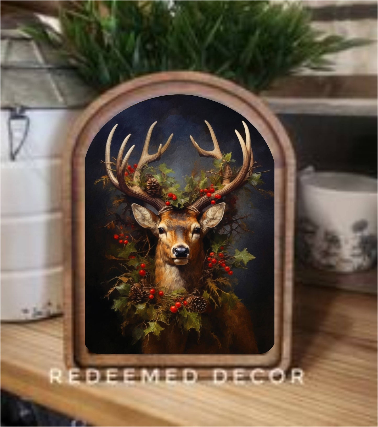 Arch Top Reindeer Wreath Framed Art