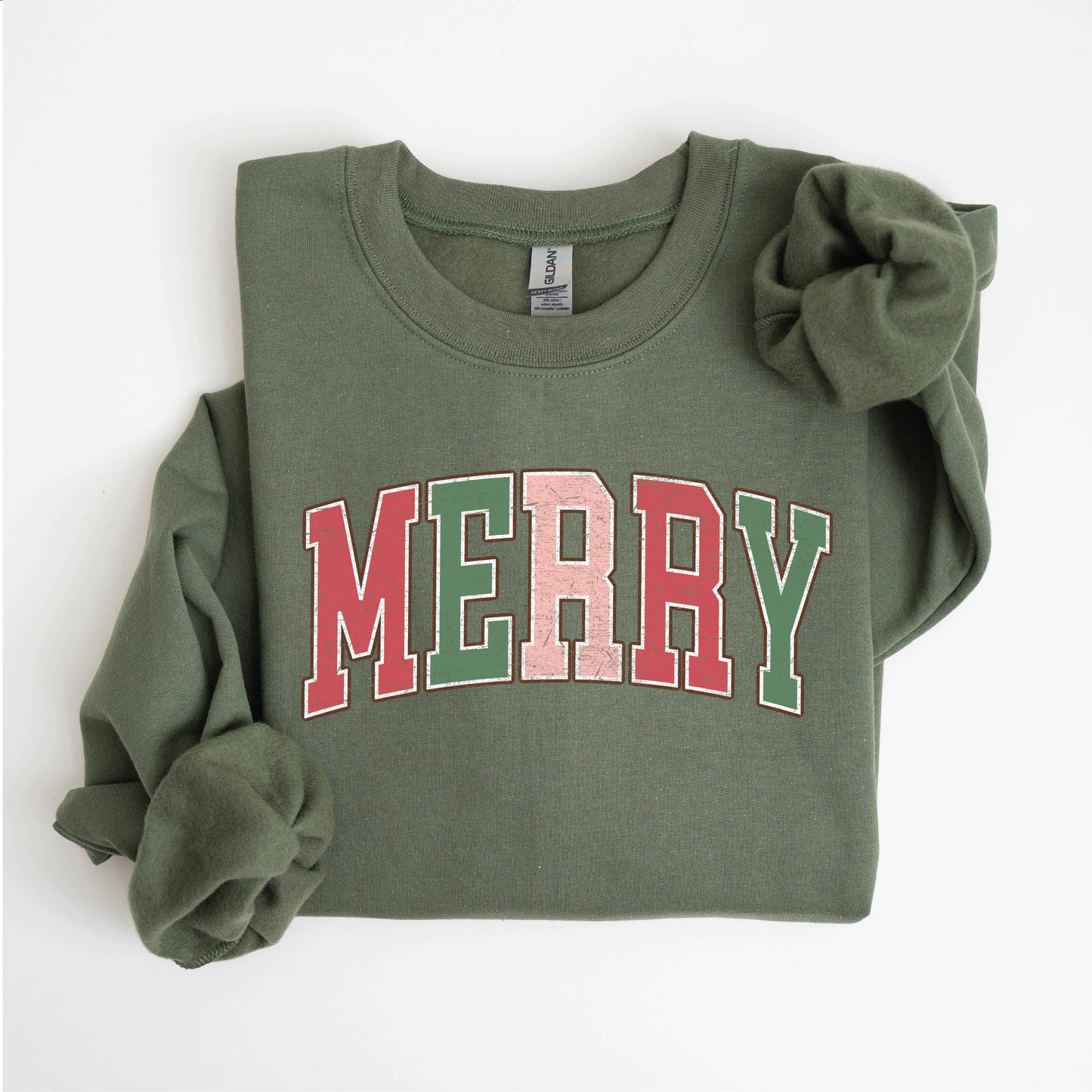 Christmas Crewneck Sweatshirt MERRY Holiday Distressed Font