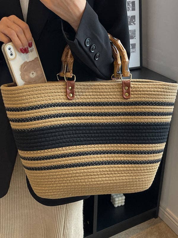 Contrast Color Split-Joint Striped Handbag