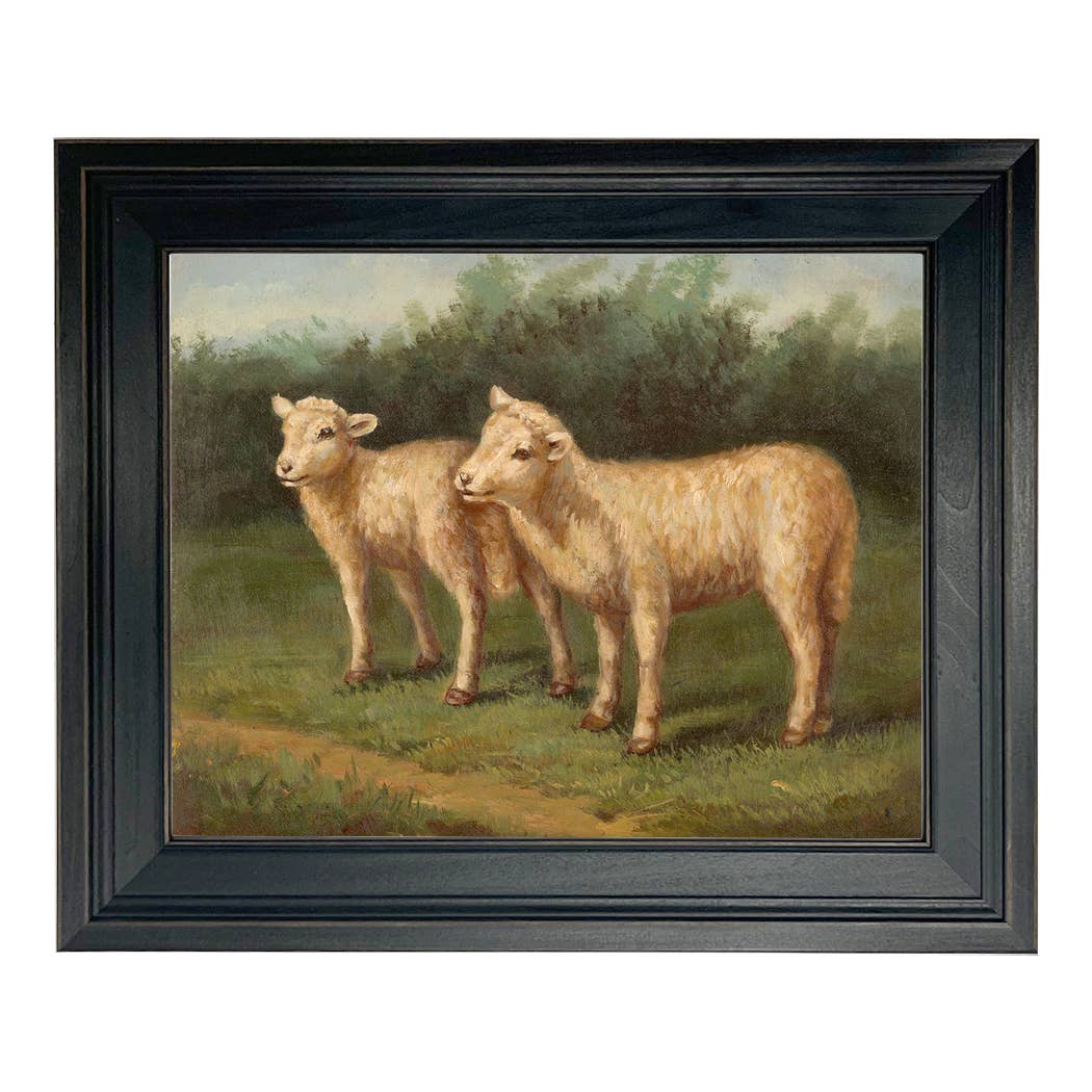 Lost Lambs Framed Oil Painting Print on Canvas, Black Frame