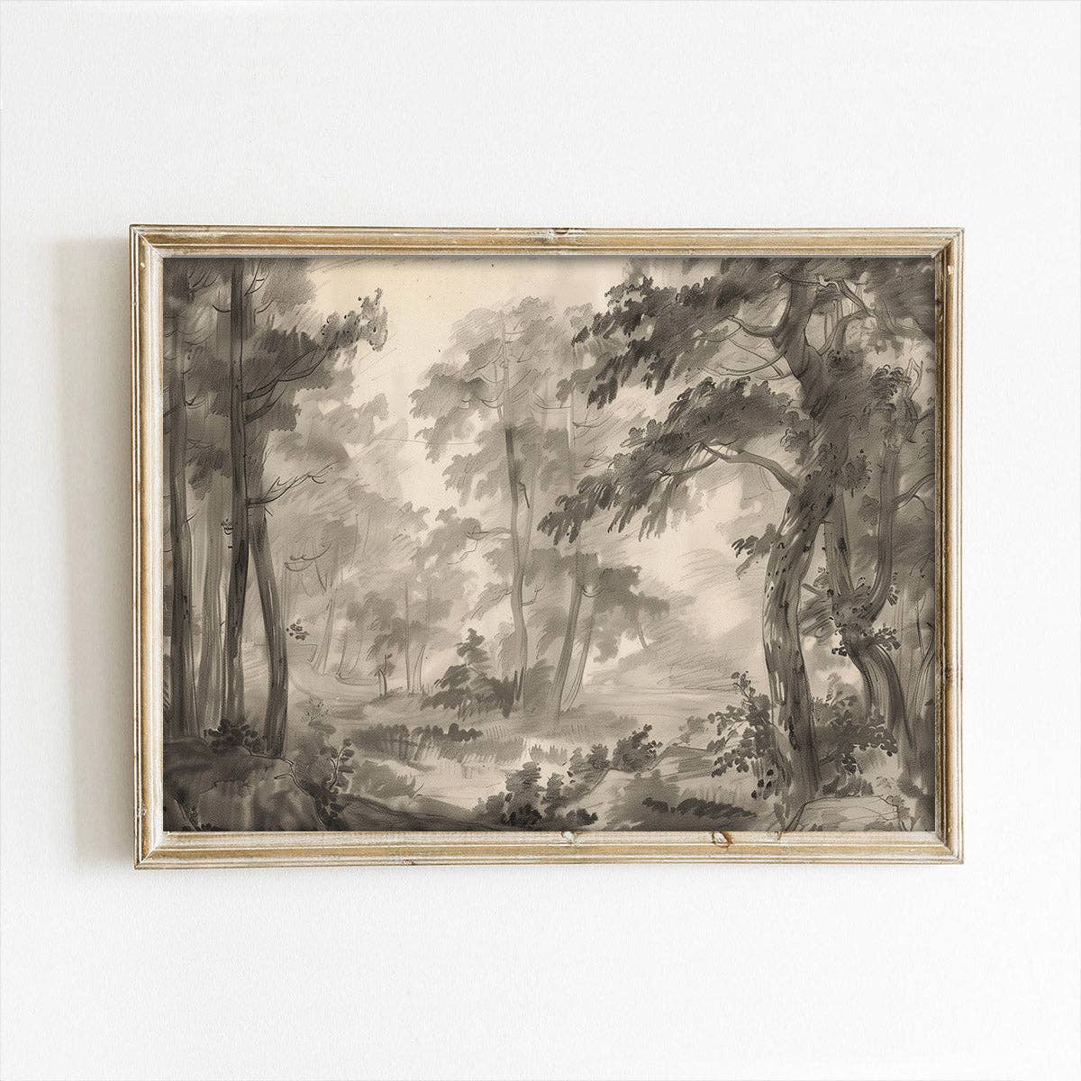 Vintage Wooded Landscape Muted Art Print-Framed