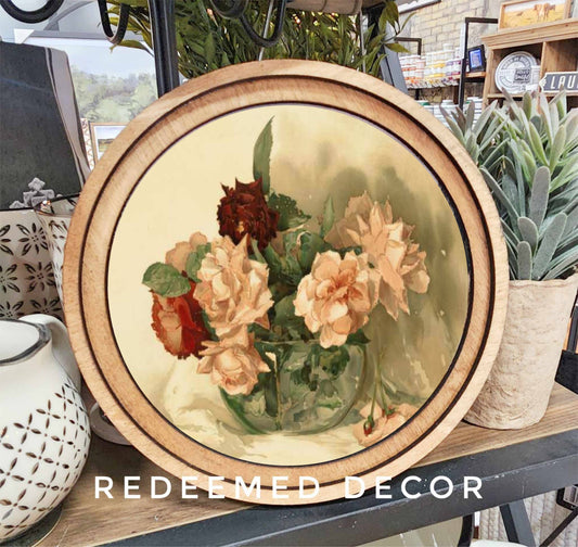 8" Round Vintage Floral Art