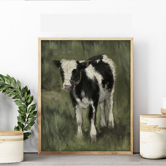 Vintage Baby Calf in Field Painting Art Print- Framed